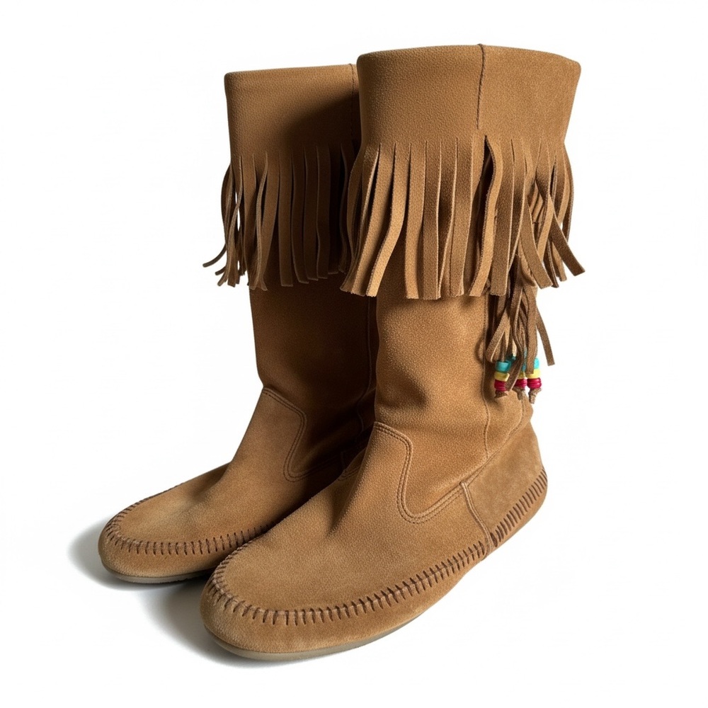 Route 66 Suede Fringe Moccasin-Style Slouch Boots Boho Festival Tan Beaded 9 - Picture 1 of 8